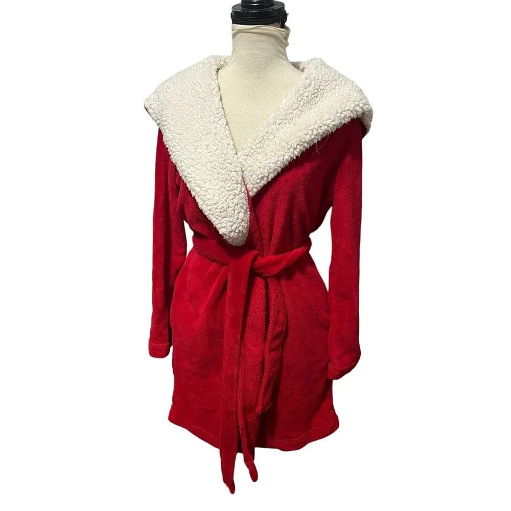 Victoria's Secret Cozy Hooded Plush Fleece W Sherpa Short Robe Vibrant Red XS/S